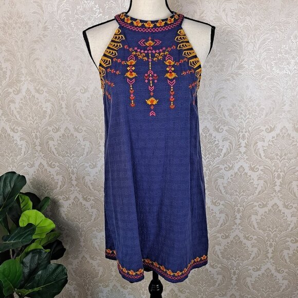 THML Size Medium Blue Cotton Halter Neck Shift Dress Embroidery Detail Boho - Picture 1 of 13